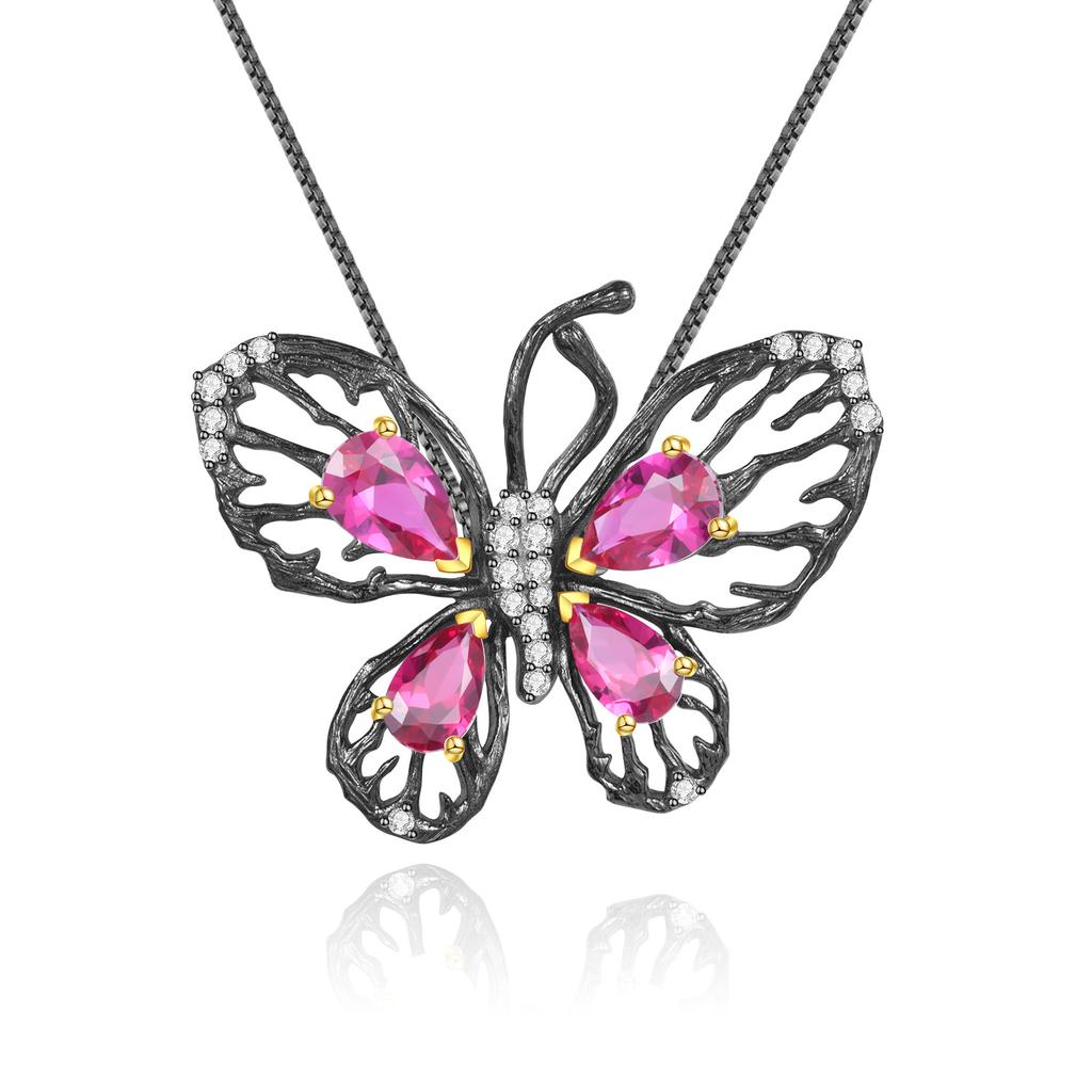Original Designer Natural Garnet Butterfly Pendant, Luxurious and High-end 925 Silver Natural Gemstone Necklace Pendant