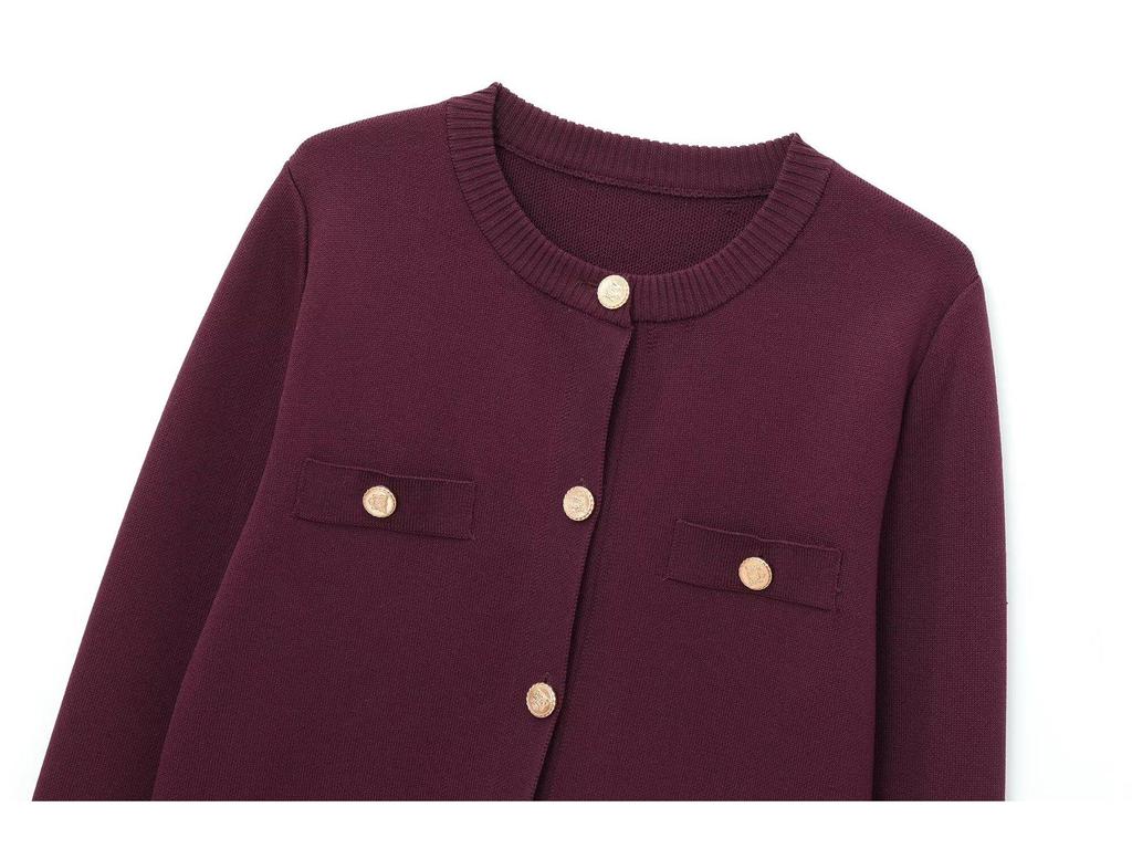 Женский однобортный вязаный кардиган с круглым вырезом в европейском и американском стиле - модный универсальный дизайн, модель #1822106