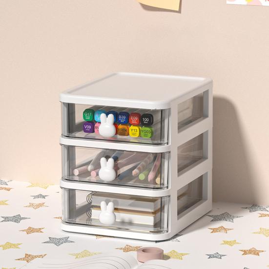Storage Box Plastic Drawer Desk Organizer Clear Multi-Layer Desktop Storage Box with Bunny Handles Large Capacity Office Supplies