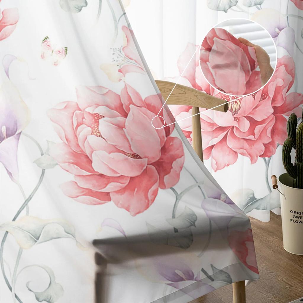 Pink Watercolor Flowers Retro Window Tulle Curtains for Living Room Bedroom Hotel Luxury Decoration Sheer Curtains
