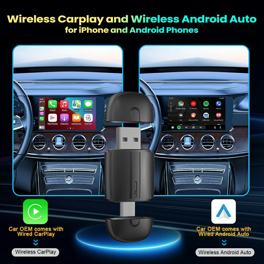Dual Head 2 In 1 Carplay Android Auto Vehicle Wired To Wireless Adapter
