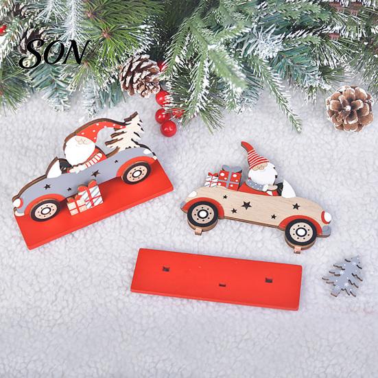 Small Wooden Holiday Figurine Vintage Santa Driving Figurine, Car Tabletop Ornament Winter Festival Tiered Tray Decorations with Christmas Tree,