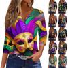 Women's Carnival Mask Print V-Neck Casual 3/4 Sleeve Button Top T-Shirt