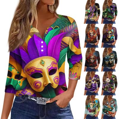 Женская футболка с принтом карнавальной маски и V-образным вырезом, повседневная, с рукавами 3/4, на пуговицах