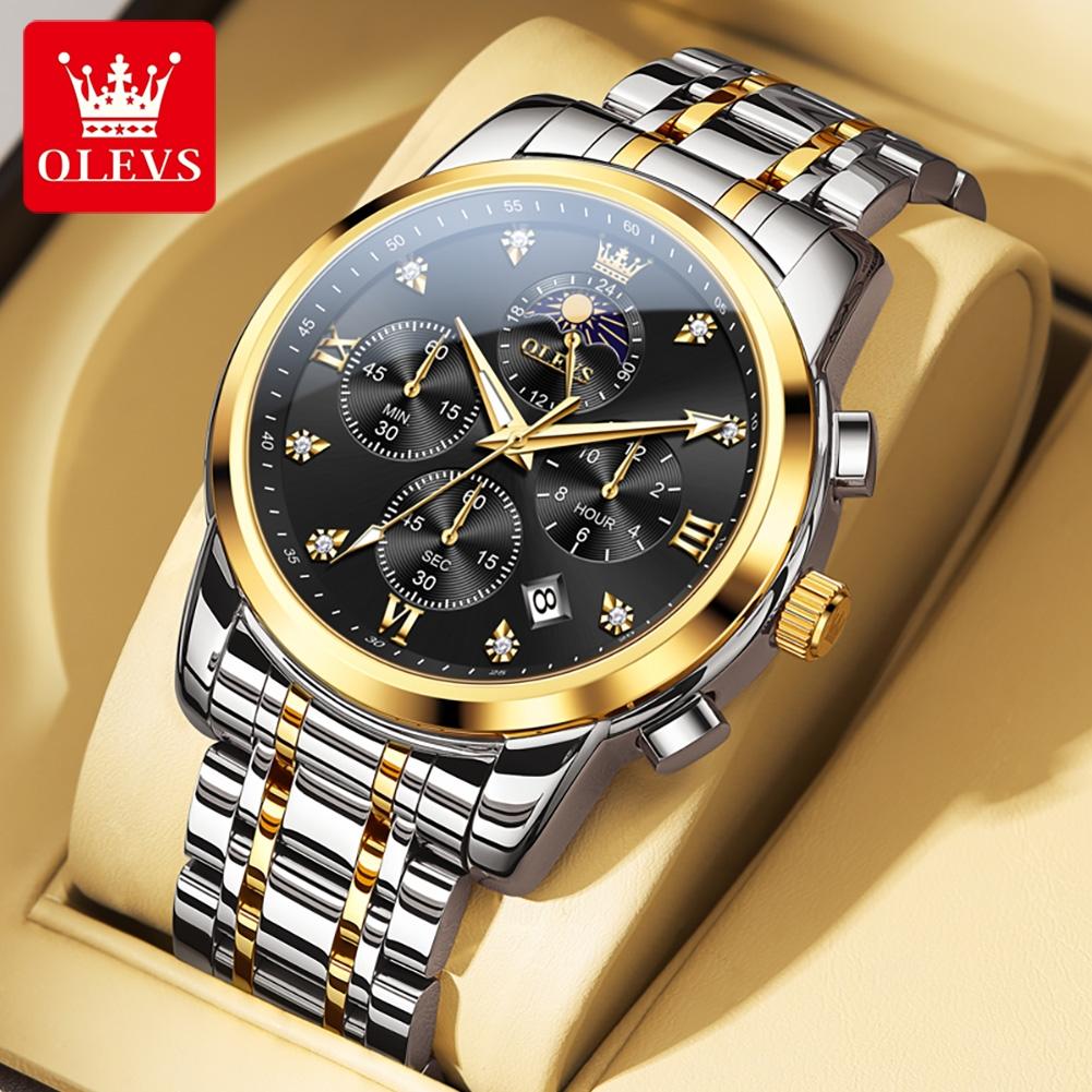 OLEVS 3655 Quartz Men Watch Multifunctional Timekeeping 24-hour Moon Phase Calendar Small Window 30m Waterproof Luminous Watch
