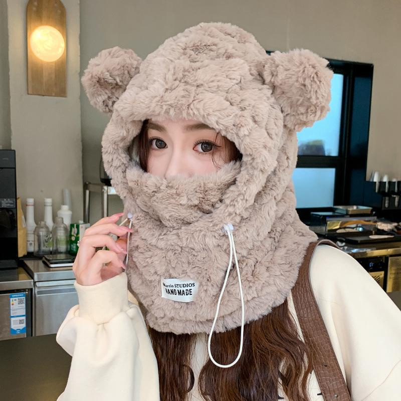 Korean Version of Cute Thick Plush Bear Hat Scarf Mask Integrated In Winter Warmth and Cold Riding Ear Protection Hat Trend