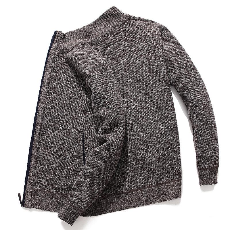 Men's Autumn/Winter Plus Velvet Zipper Knitted Cardigan Jacket with Stand Collar and Solid Color