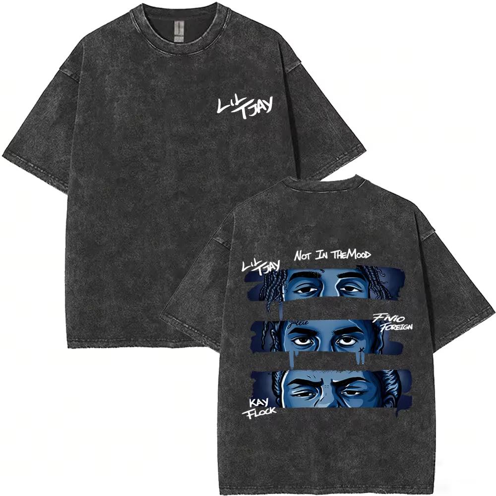 2026 Washed Vintage Rapper Lil Tjay Lil Tjay Not in The Mood T-shirt Men's Black Cotton T-shirts Men Women Vintage Top Short Sleeve Casual Clothing