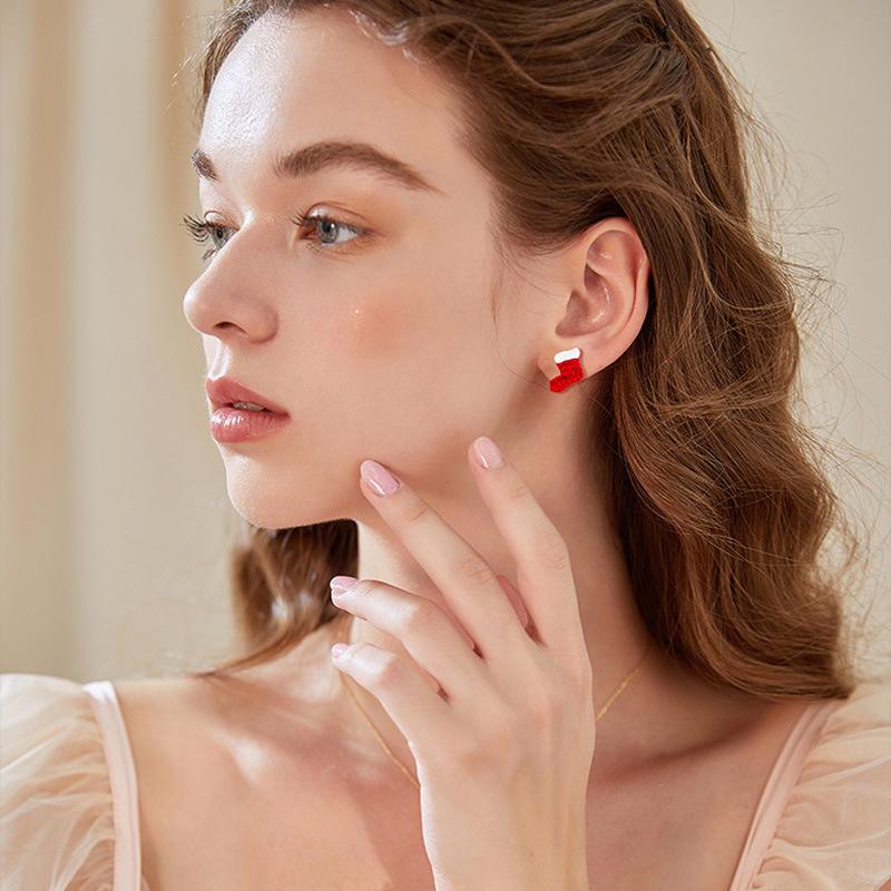 Korean Style S925 Silver Needle Christmas Stocking & Hat Asymmetrical Stud Earrings - Fun New Year Gift Jewelry