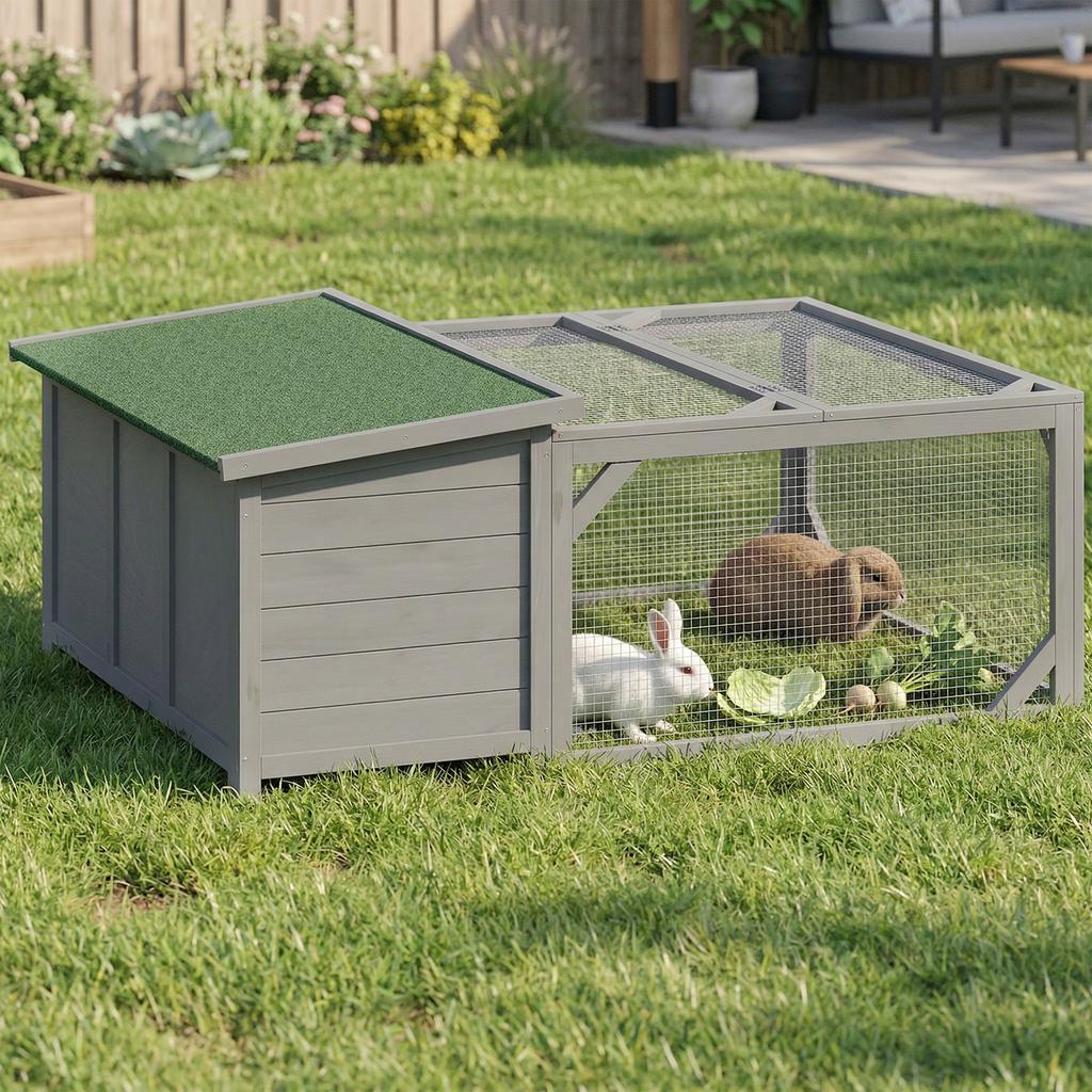Rabbit Hutch Rabbit Cage Wood Rabbit Cage with Hinged Bitumen Roof, Run Enclosure, Doors 125,5x100x49 cm Grey