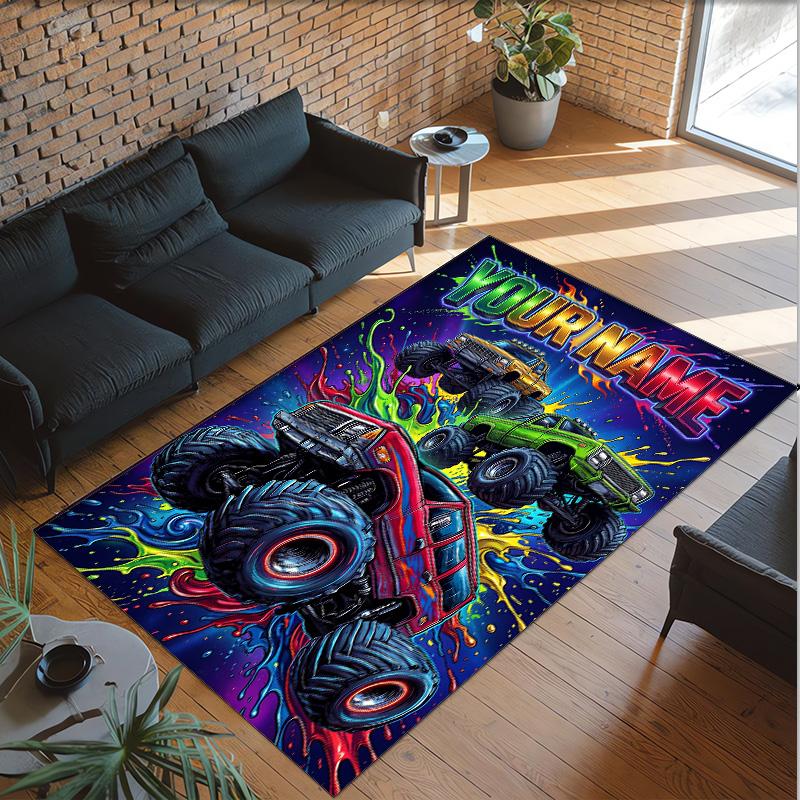 Monster Truck Theme Crystal Velvet Rug Personalized Custom Name Text Soft Floor Mat Home Decor