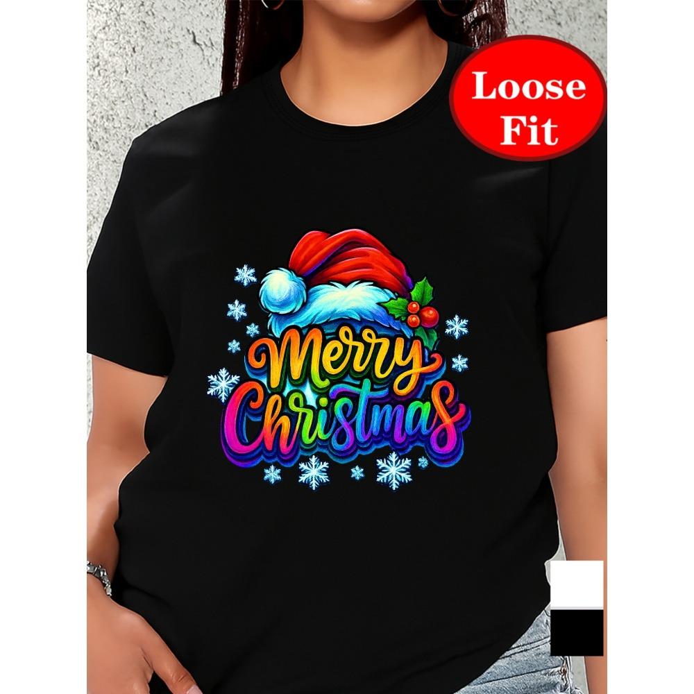 Merry Christmas, holiday-themed print, crew neck short-sleeved T-shirt, spring and summer casual top