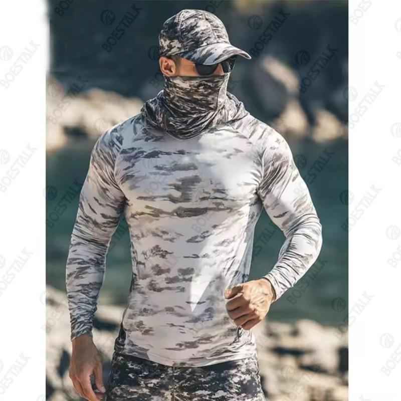 Mens Quick-Dry Camo Fishing Shirt With UPF Protection Dust Mask Outdoor Water Sports