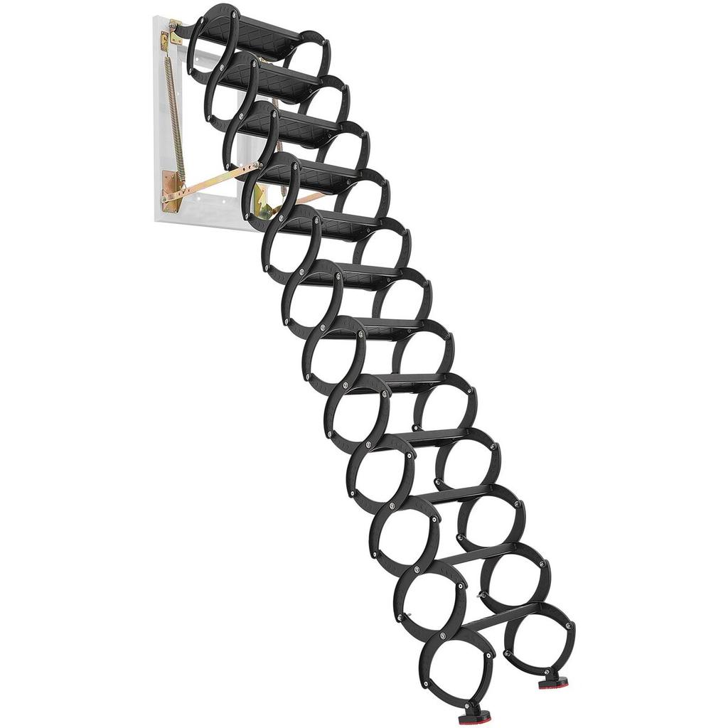 Attic Ladder Wall-Mounted, 660LBS/299.4KG Capacity, Fits 9.5 to 10 ft Ceiling Height, 12-Step Steel Folding Stairs with Handrails, Pull Down Attic