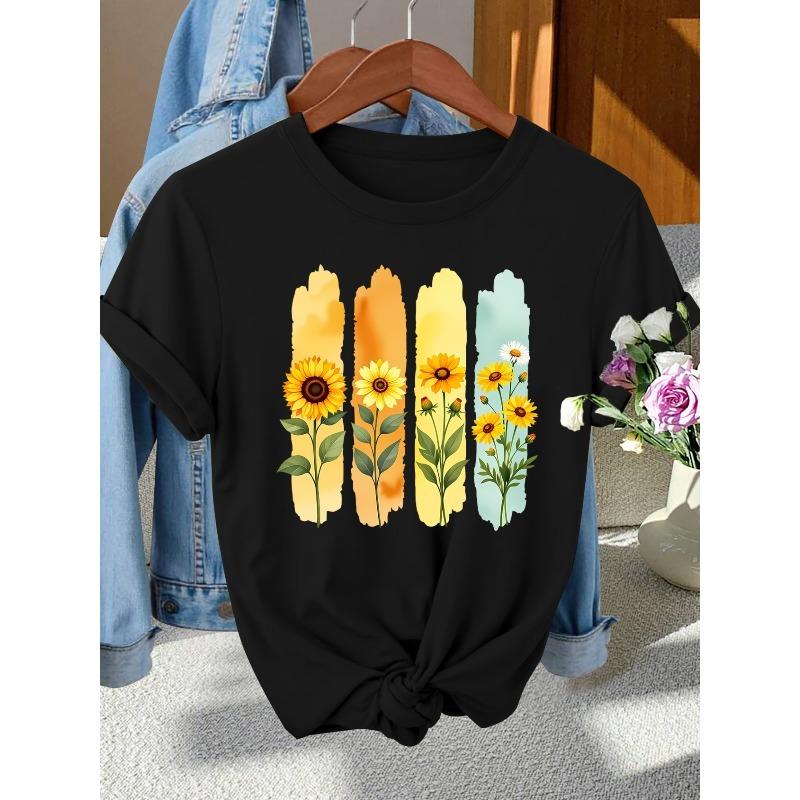 Women's Vintage Sunflower Print Crew Neck Short Sleeve Casual Top for Daily & Resort Wear
