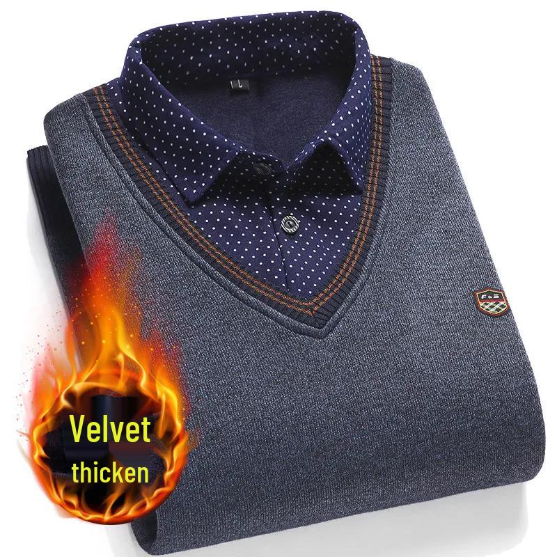 Мужской флисовый двухпредметный свитер с воротником-рубашкой для среднего и пожилого возраста