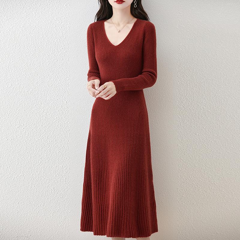 Женское платье-свитер 100% шерсть MODERN NEW SAGA V-образный вырез трикотажный длинный пуловер зимние джемперы шерстяное длинное платье женское