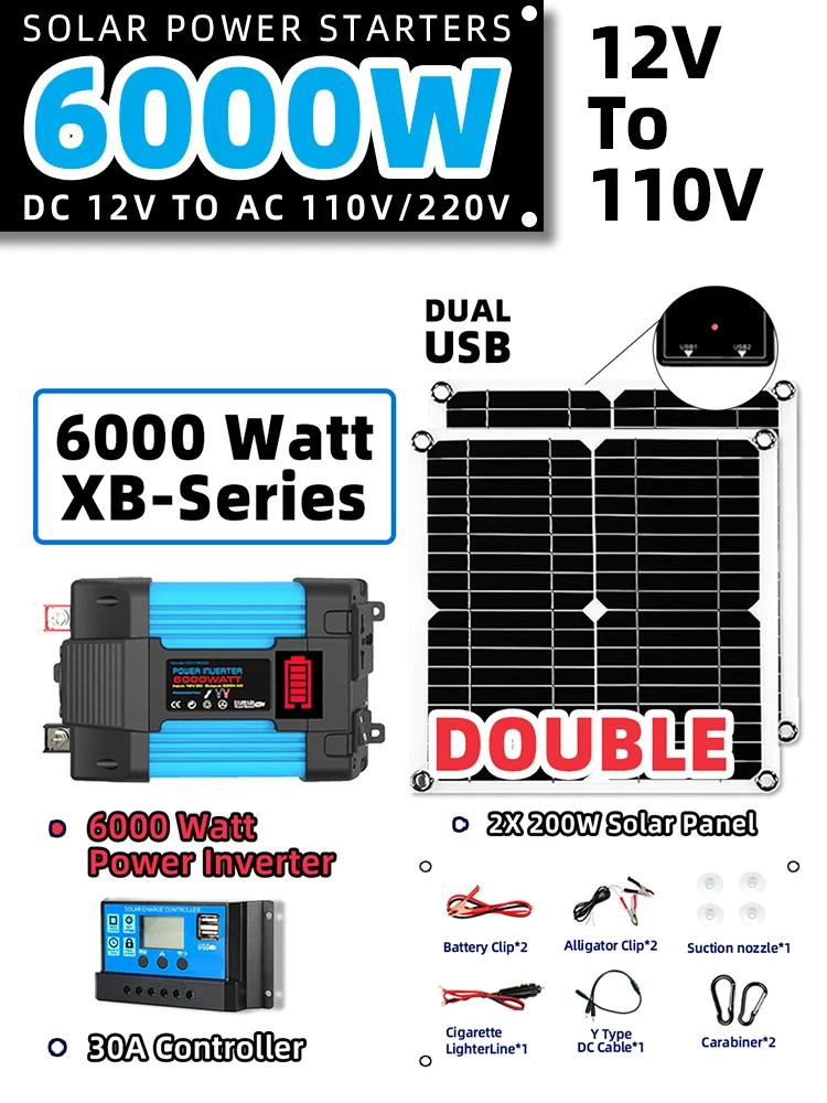 Солнечный комплект 6000 Вт инвертор 30A контроллер полный комплект зарядное устройство автомобильный солнечный генератор с солнечной панелью 5 В солнечная панель кемпинг дом