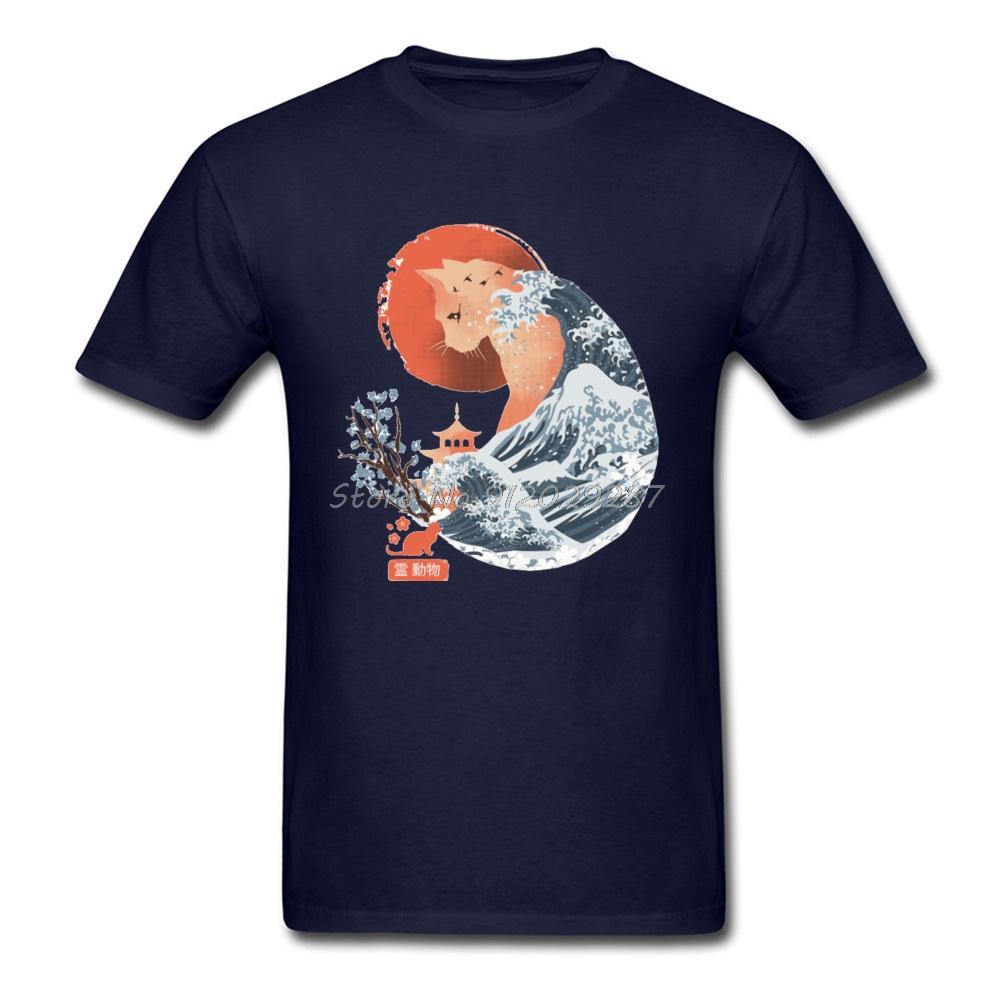 Hokusai SPIRIT ANIMAL CAT New Tshirt Japanese Wave Cat Sakura Sunset Beach Funny Clothes Men Print Tops Tees Streetwear