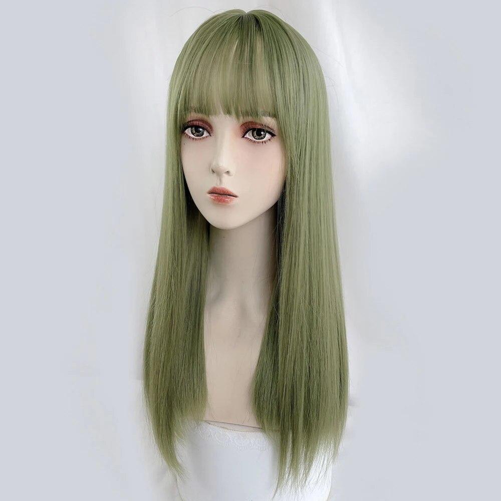 Длинные прямые зеленые парики с челкой, синтетические женские волосы, парик из натуральных волос Лолиты для косплея на повседневную вечеринку