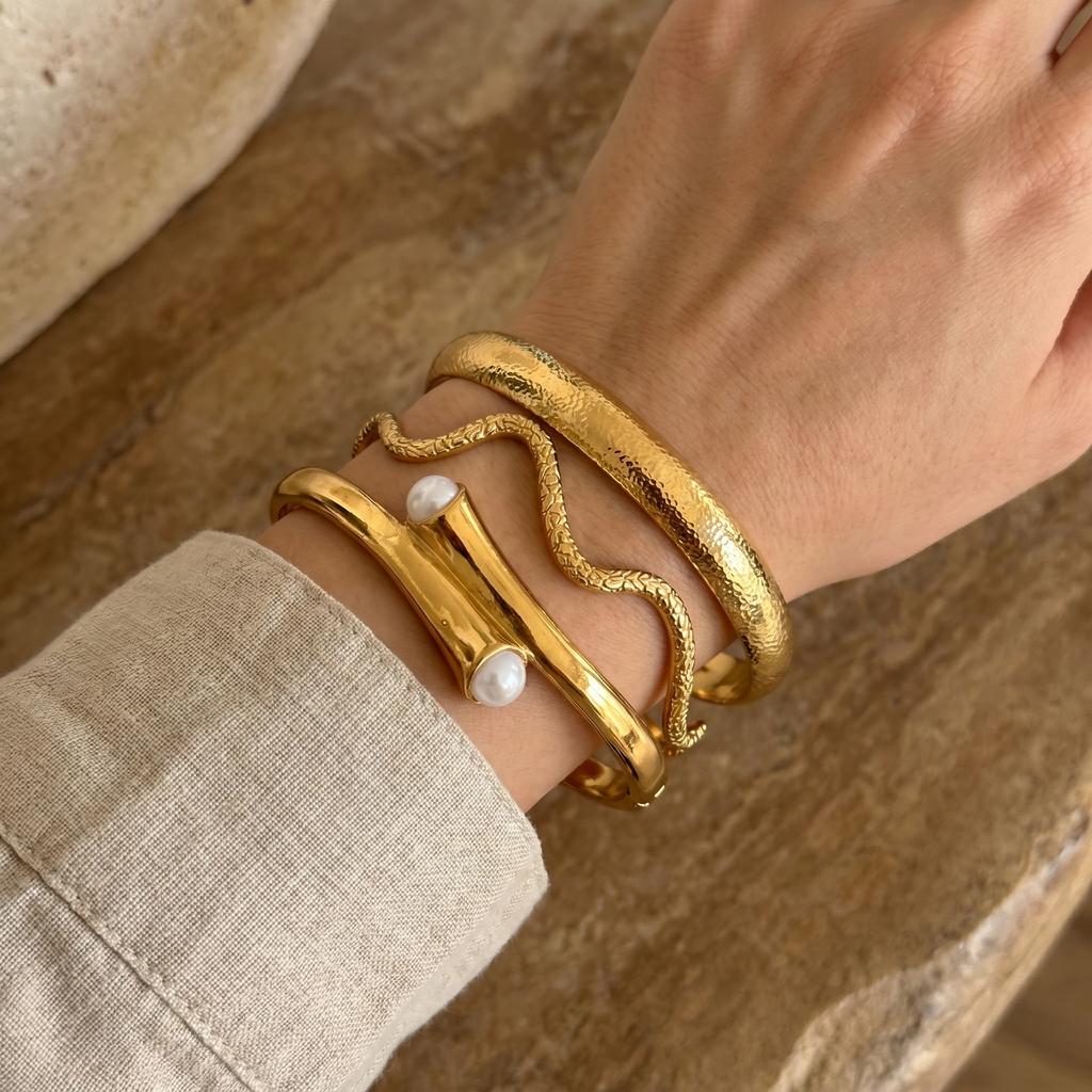 Luxury Stainless Steel Hammered Cuff Bracelets Set for Women Vintage Imitation Pearl Waterproof Snake Bangle Party Jewelry Gift