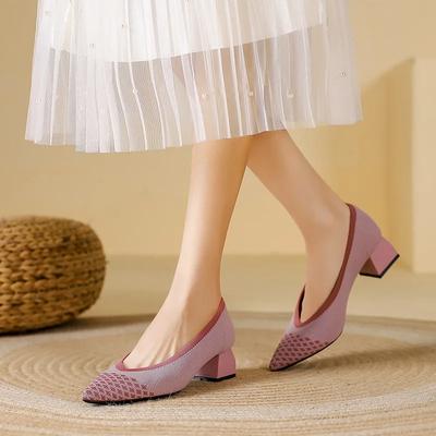 Весна и осень женские высокие туфли 2025 новые модные остроносые вязаные дышащие удобные нескользящие рабочие туфли на резиновой подошве