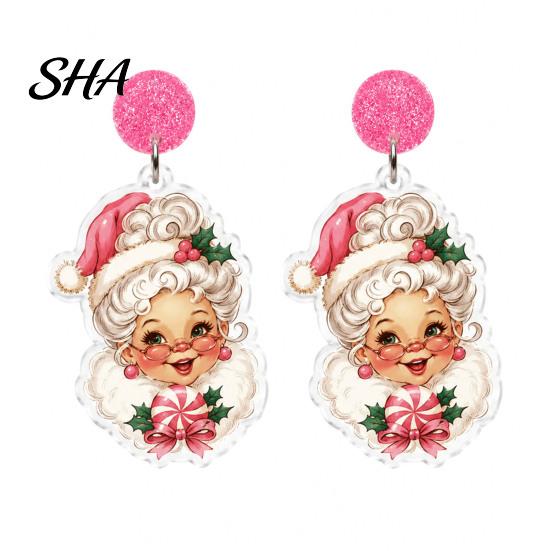 Sweet Style Christmas Ornaments 1 Pair Glitter Earrings for Women, Cute Pink Santa Claus Unique Party Acrylic Dangle Earrings, Lightweight Holiday