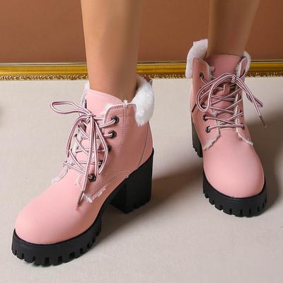 Ботильоны на блочном каблуке больших размеров Женские Осенне-зимние Новые С круглым носком На шнуровке Платформа Нескользящие Хлопковые туфли на высоком каблуке