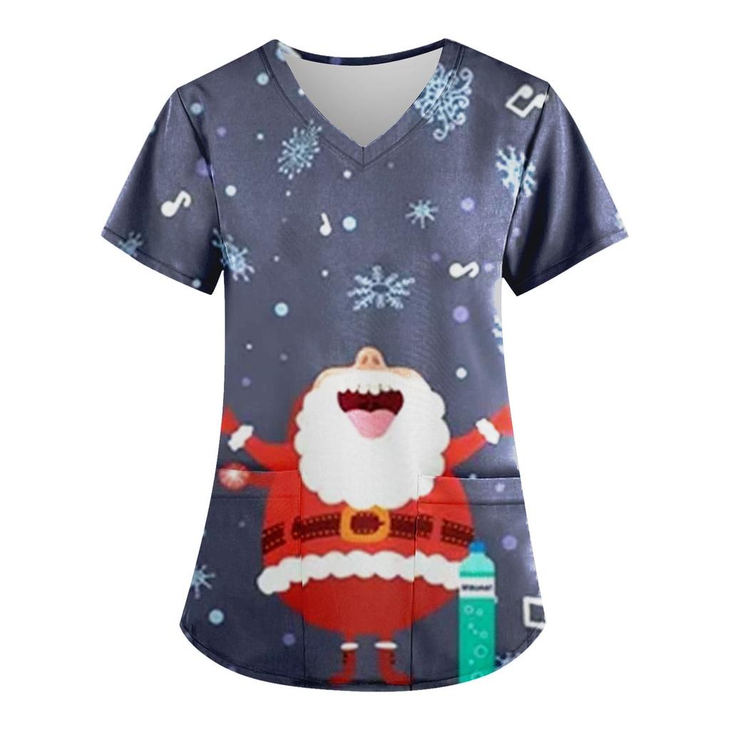 Women's Fashion V-neck Short Sleeve Workwear With Pockets Christmas Printed Tops