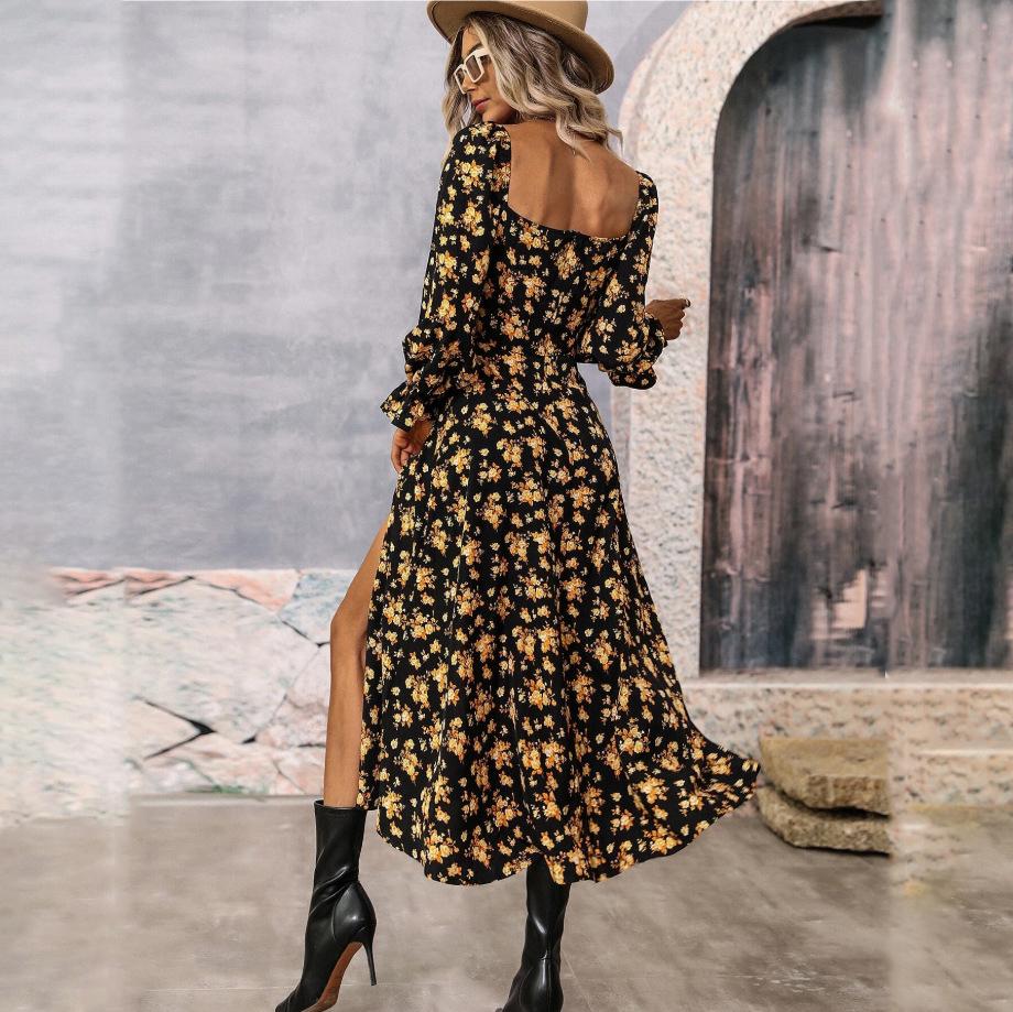 Women Autumn Winter Long Sleeve Flower Print Square Neck Casual A-Line Ankle-Length High Waist Dress