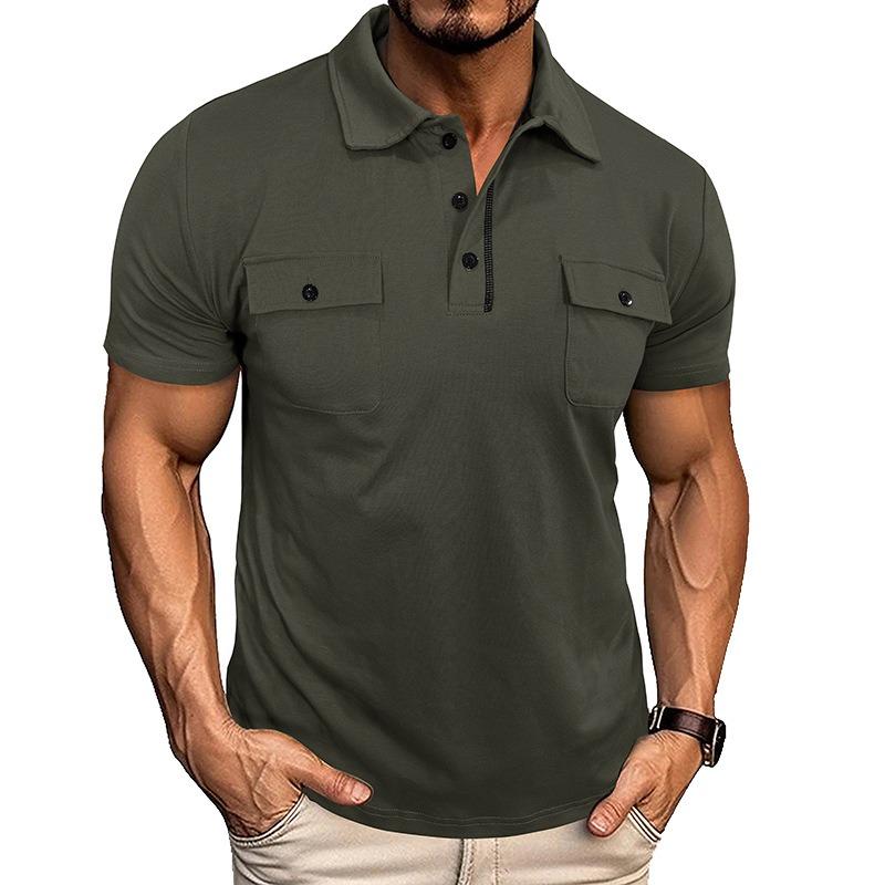 Мужская модная летняя футболка-henley с отложным воротником, двойным карманом, коротким рукавом
