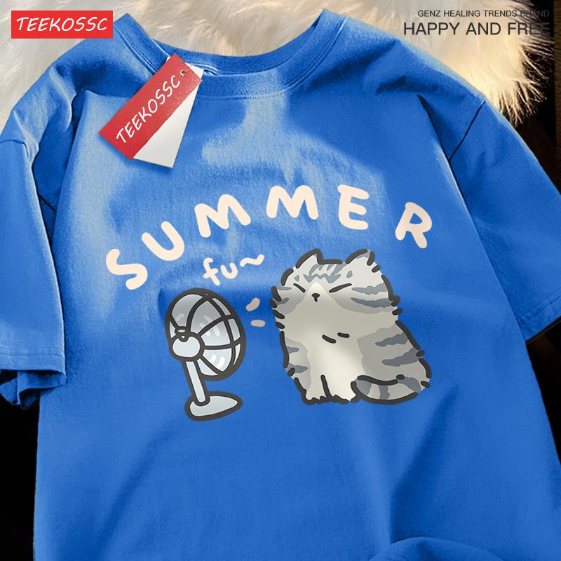 Американская уличная креативная футболка из чистого хлопка с веером и котом для мужчин и женщин, летняя свободная футболка с короткими рукавами для пар, футболка в стиле Харадзюку