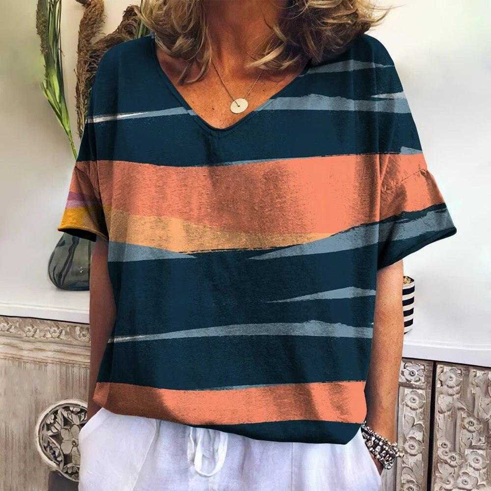 Vintage Women's T-Shirt 3d Striped Print Pullover Casual Street V Neck Tops Tees Summer Fashion Oversized Tshirt Lady Clothing