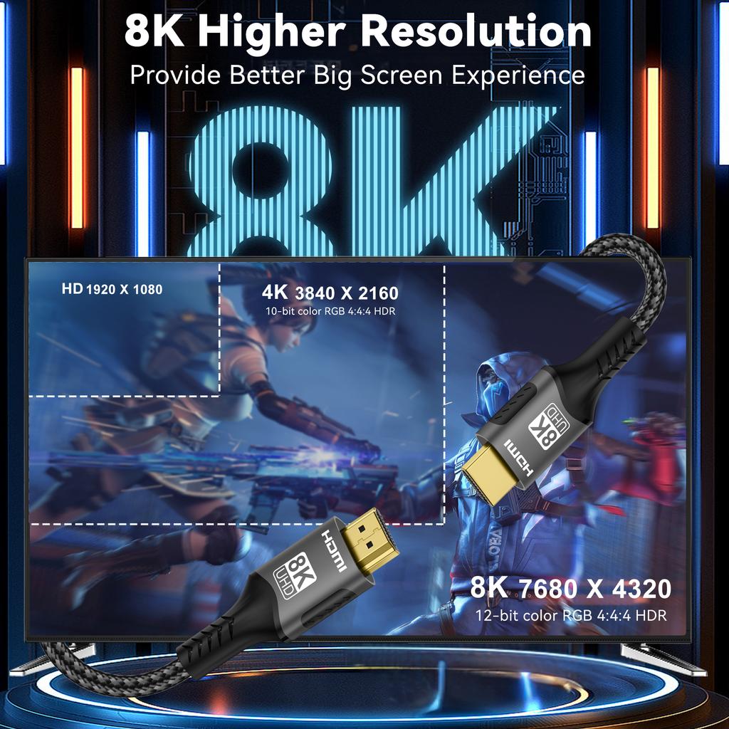 8K HDMI 2.1 Cable 48Gbps Ultra High-Speed 60Hz 120Hz HDMI 2.1 Cable Compatible for PC, PS5, TV, and Projector