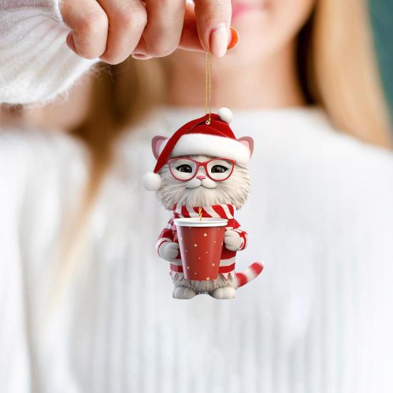 Украшение на рождественскую елку Рождественская фигурка кота с подвеской в шапке Санты 2D Плоское акриловое подвесное украшение для зеркала заднего вида автомобиля Дерево