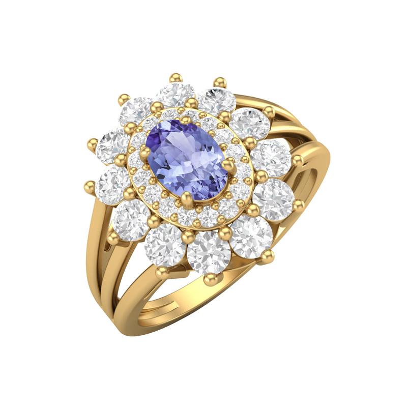 Кольцо-гало с раздвоенной шинкой из стерлингового серебра 925 пробы с позолотой, с овальным танзанитом 6х4 мм