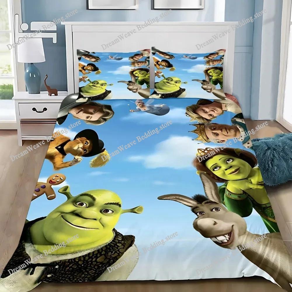 Boys and Girls Cartoon S-Shrek Duvet Cover and Pillowcase, Teen and Adult Bedding Set, Kingqueen Size, Bedroom Decoration, Gift