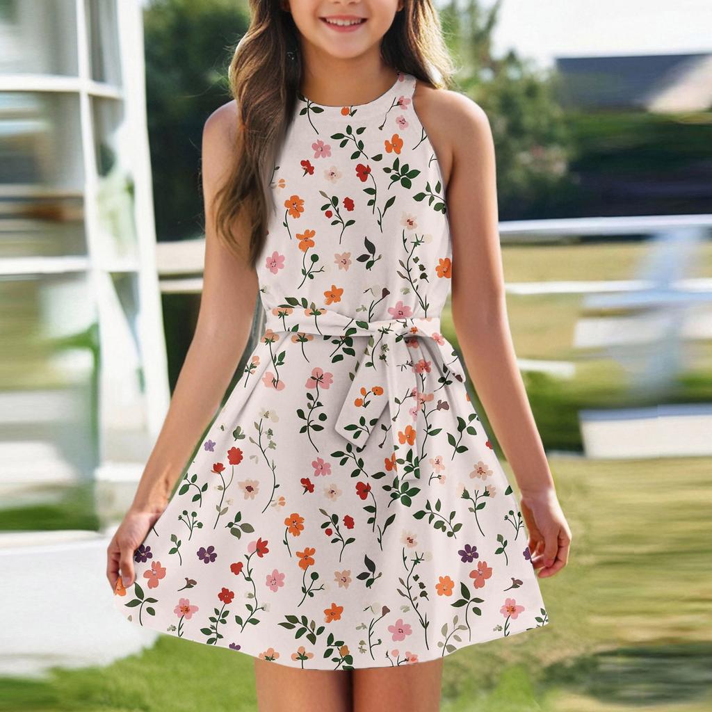 Летнее платье для девочек Платье без рукавов на бретельках Однотонное платье без рукавов с принтом Повседневное платье