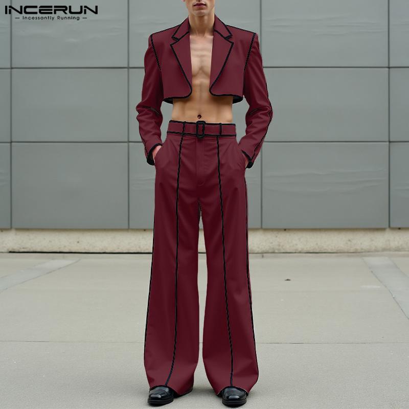 INCERUN Men Stitching Long Sleeve Cropped Tops and Long Pants Outfits Sets
