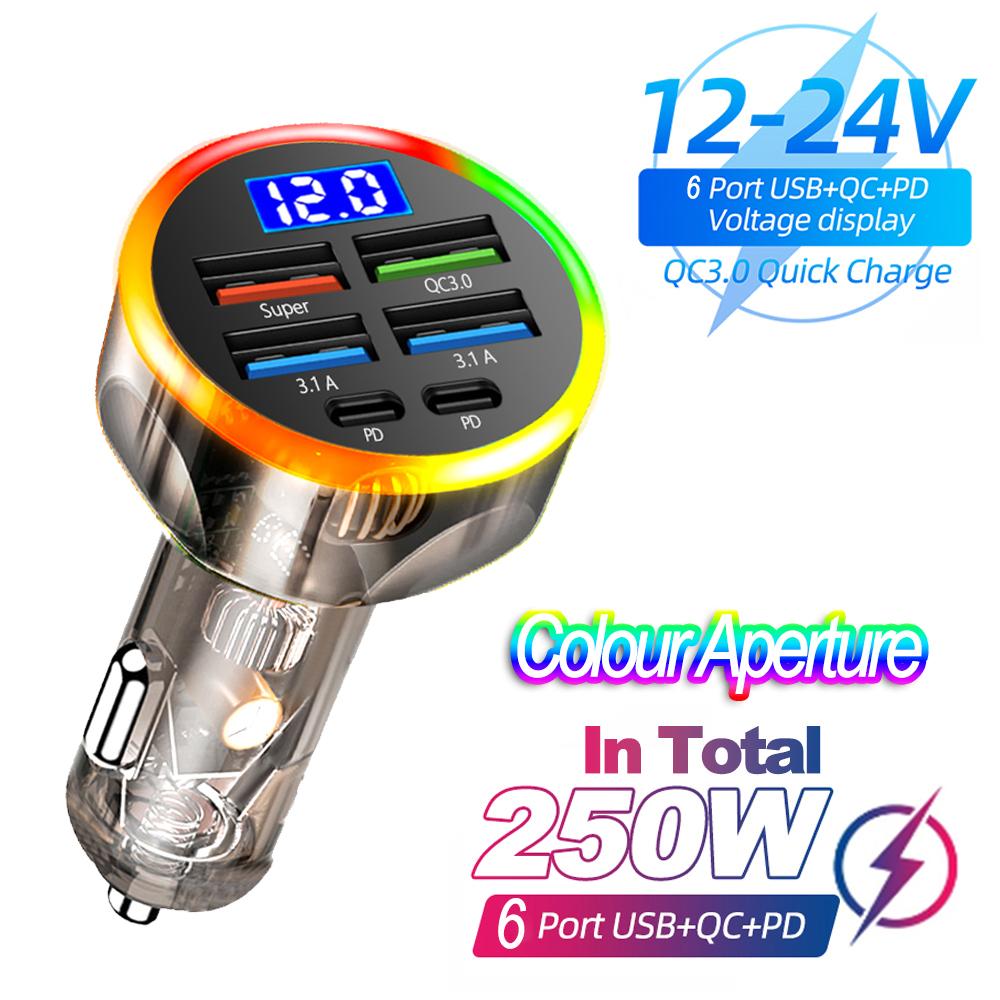 Автомобильное зарядное устройство 200 Вт QC3.0 Type-C Quick Charge Прозрачный чехол PD для iPhone 15 14 13 12 Xiaomi Poco Samsung Быстрая зарядка