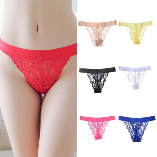 Sexy Women Underwear Buttons Embroidery Lace See-Through G-String Thong Panties