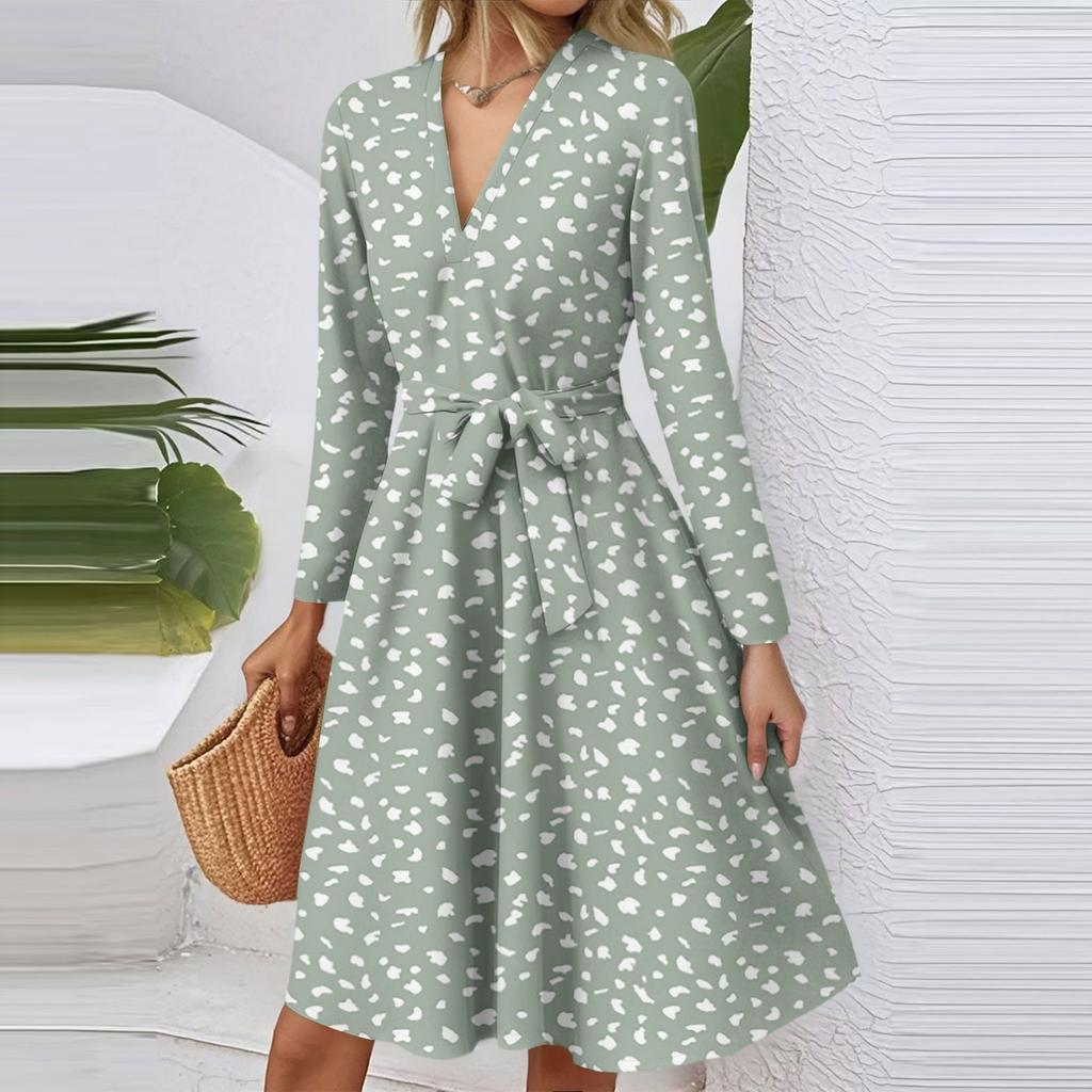 Women's Fashion Casual V-Neck Long Sleeve Waist Floral Print Midi Dress
