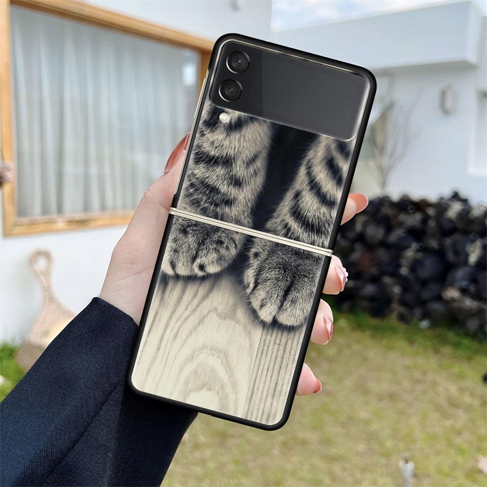 Роскошный чехол для Samsung Galaxy Z Flip 4 3 5G, черный ПК, жесткие чехлы для телефонов, модная задняя крышка ZFlip Funda, милый Aniaml Cat Shell Sac