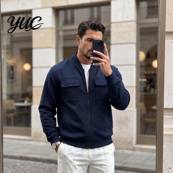 Long Sleeve Fall Clothing Men Casual Baseball Coat, Lightweight Multi-Pocket Windbreaker, Solid Color Outerwear Outdoor Windbreaker with Stand Collar,