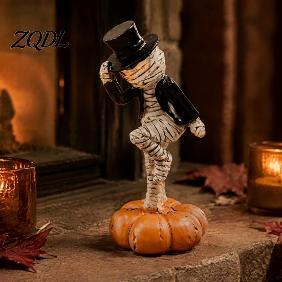 Small Halloween Window Display Dancing Mummy Figurines with Pumpkin Base, Funny Gentleman Top Ornament Hat Statue, Spooky Tabletop Decor for