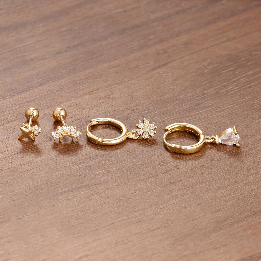 4PCS Luxury Star Moon Stainless Steel Zircon Stud Earrings Set For Women Simple Flower Earring Classic Huggie Daily Jewelry