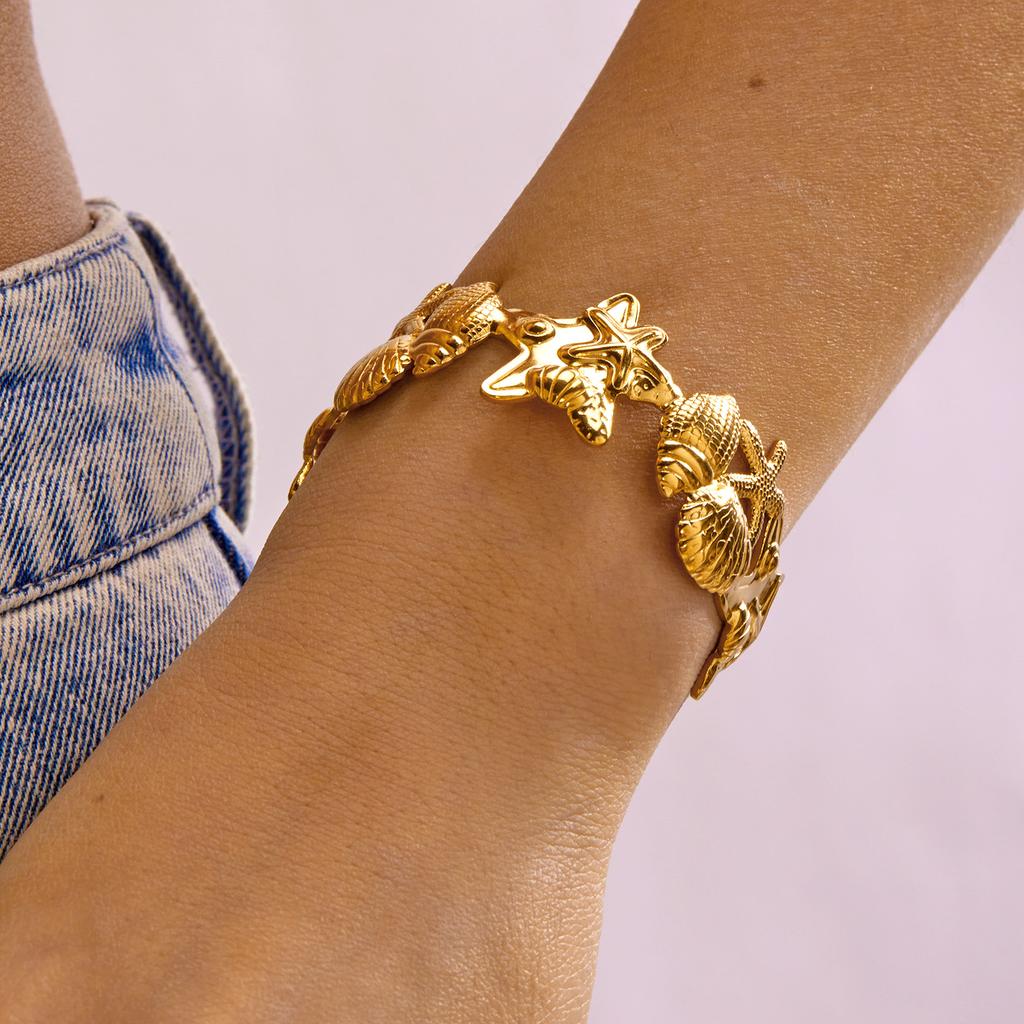 Ocean Style Starfish Stainless Steel Cuff Bracelet for Women Bohemian Geometry Gold Color Bangle Summer Party Jewelry Gift