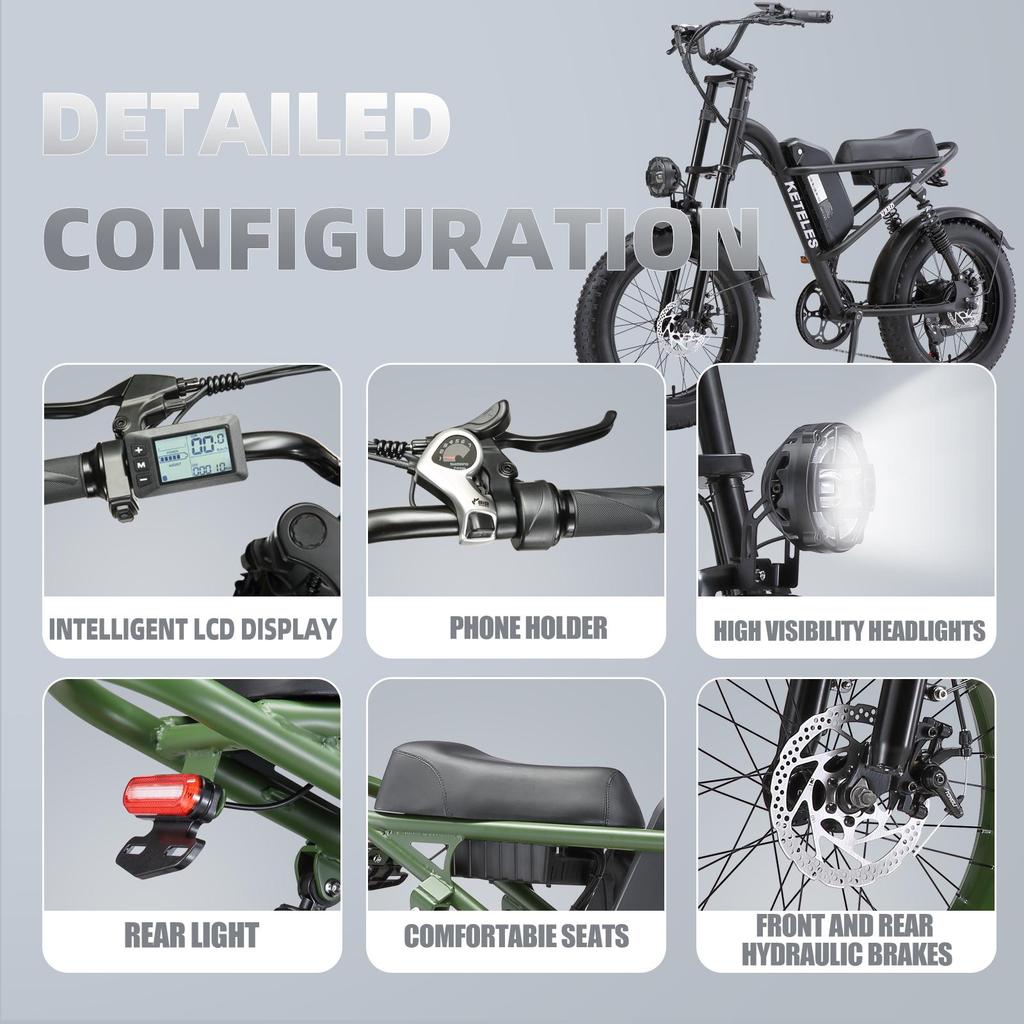 Keteles K880 20"off-road electric bike,high-capacity 23Ah lithium battery,dual-crown suspension fork,7-speed,maximum pedal-assist range of up to 85km.