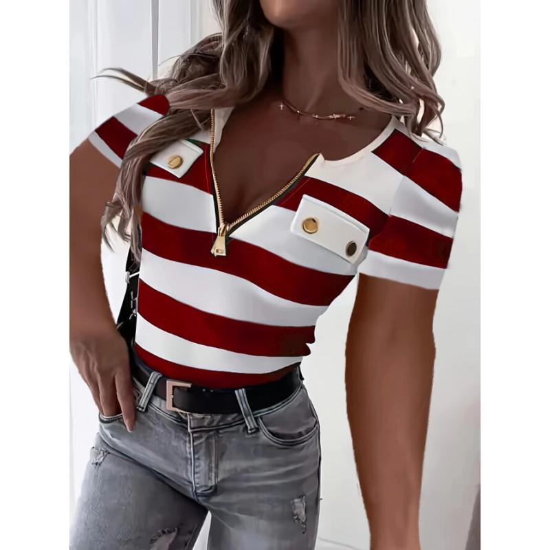 Striped V-Neck Short Sleeve Top Women - Slim Fit Office Chic T-Shirt With Cutout Detail