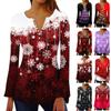 Женская модная рождественская футболка с v-образным вырезом и длинными расклешенными рукавами, плиссированная пуговица, топ